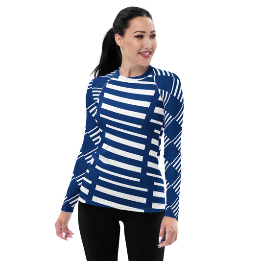 All-Over Print Women's Rash Guard Love Pattern Stripes Horizon Dark Cerulean