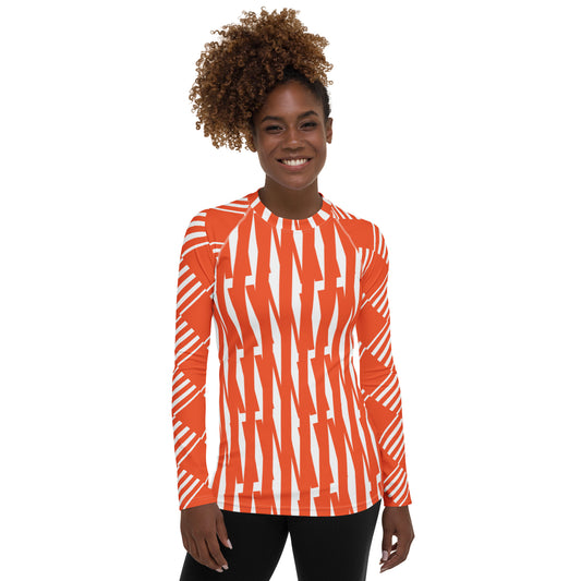 All-Over Print Women's Rash Guard Love Pattern Stripes Outrageous Orange