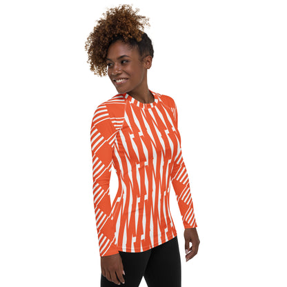 All-Over Print Women's Rash Guard Love Pattern Stripes Outrageous Orange