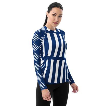 All-Over Print Women's Rash Guard Love Pattern Stripes Vertical Dark Cerulean