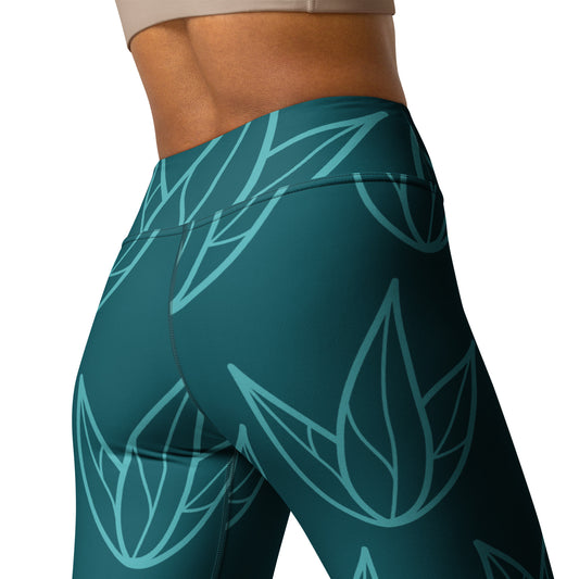 All-Over Print Yoga Leggings with Pocket Viking Color Three-Leaves Flowers Sherpa Blue
