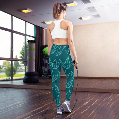 All-Over Print Yoga Leggings with Pocket Viking Color Three-Leaves Flowers Sherpa Blue