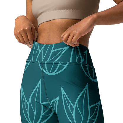 All-Over Print Yoga Leggings with Pocket Viking Color Three-Leaves Flowers Sherpa Blue
