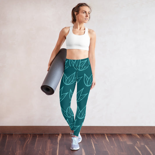 All-Over Print Yoga Leggings with Pocket Viking Color Three-Leaves Flowers Sherpa Blue