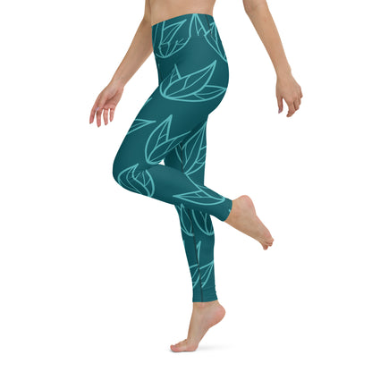 All-Over Print Yoga Leggings with Pocket Viking Color Three-Leaves Flowers Sherpa Blue