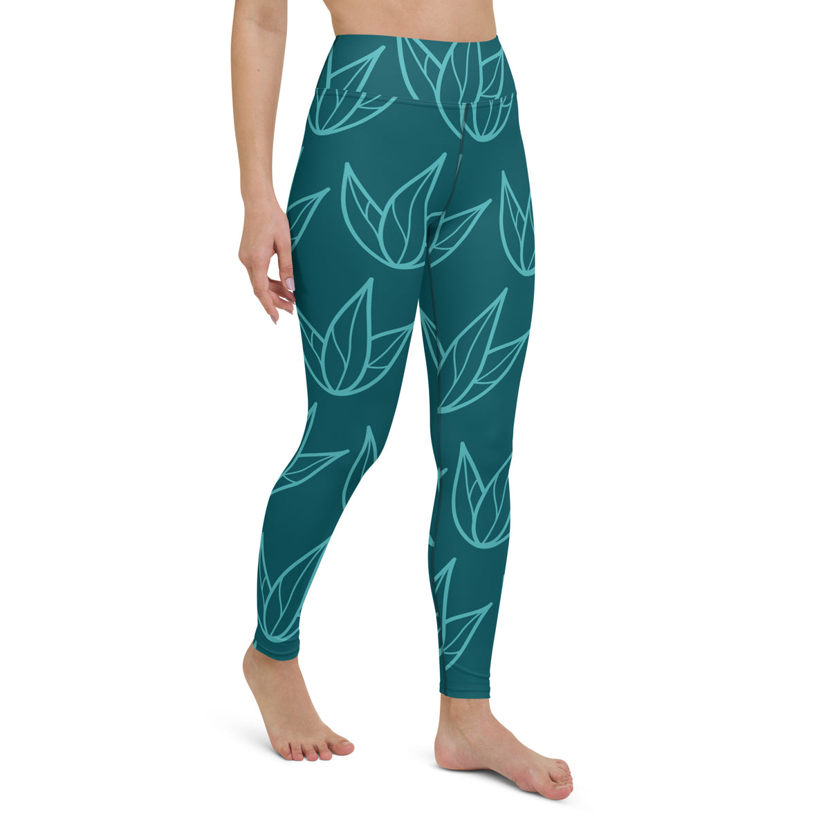 All-Over Print Yoga Leggings with Pocket Viking Color Three-Leaves Flowers Sherpa Blue