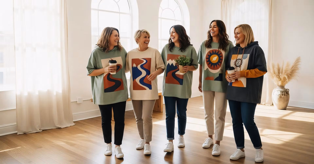 Good Wishes 365 Five women standing in a row wearing colorful graphic t-shirts in a bright room.