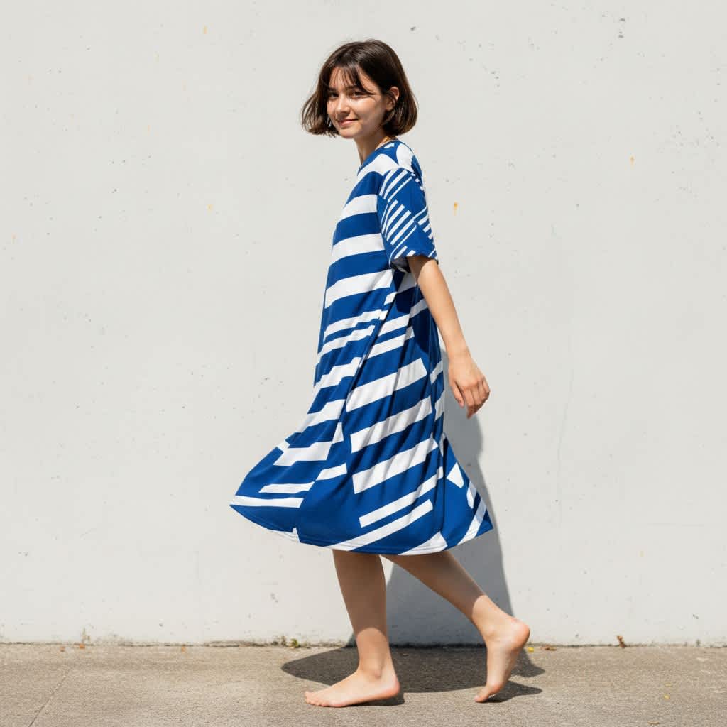 Good Wishes 365 Woman wearing a blue and white striped dress against a plain background