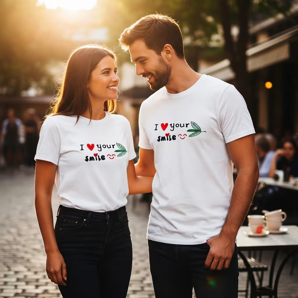 Couple wearing matching shirts with romantic text, standing outdoors.