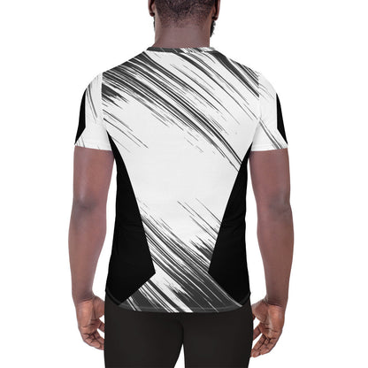 Back view of Good Wishes 365 men's athletic t-shirt with black and white abstract print and solid black side panels.