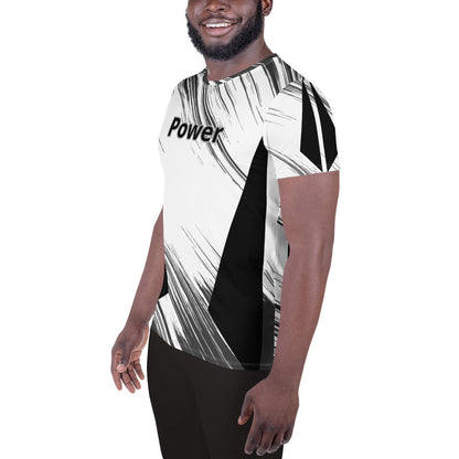Good Wishes 365 men's athletic t-shirt with black and white abstract print, Power text, and moisture-wicking fabric.