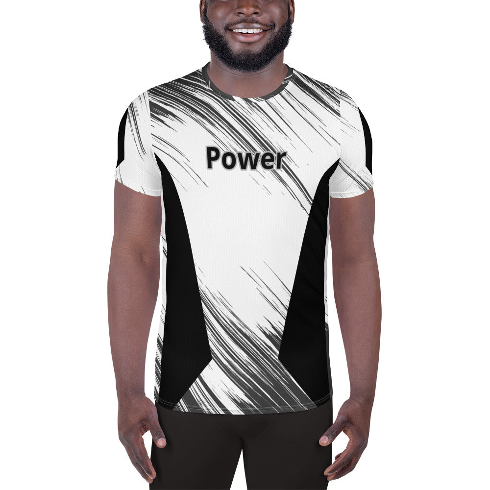 Good Wishes 365 men's athletic t-shirt with black and white abstract print, moisture-wicking fabric, and side panels.