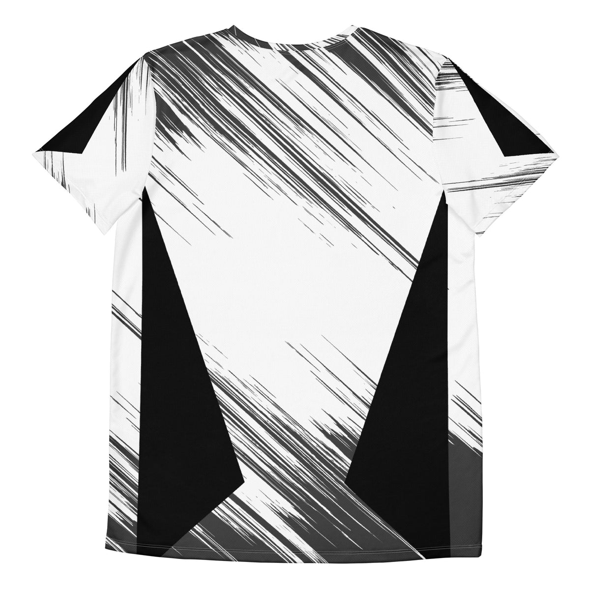 Good Wishes 365 men's athletic t-shirt featuring a black and white abstract brushstroke print and solid side panels.