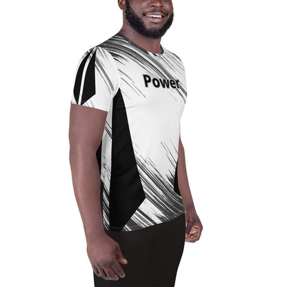 Good Wishes 365 men's athletic t-shirt with black and white abstract print, side panels, and Power text on chest.