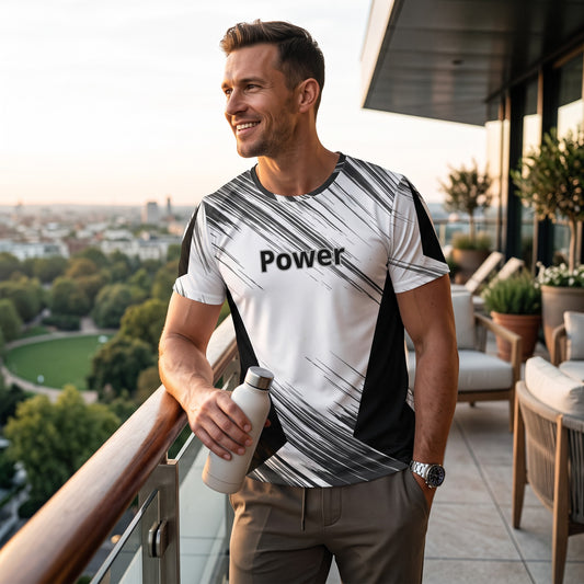Good Wishes 365 men's athletic t-shirt with black and white abstract print and Power text, worn on a balcony.