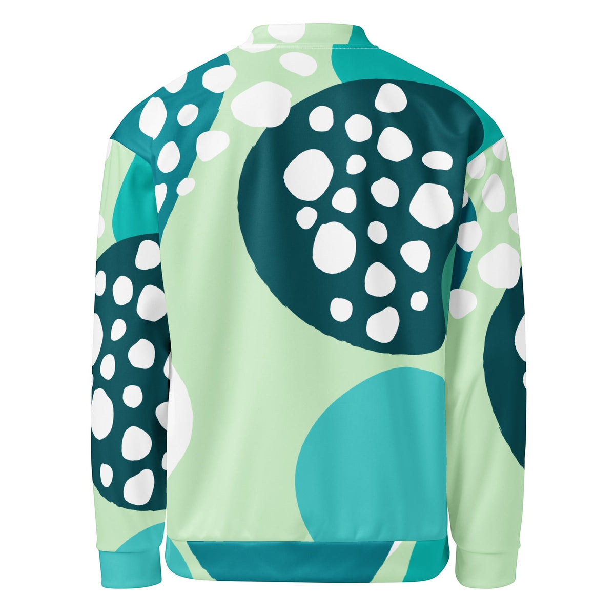 Back view of a Good Wishes 365 unisex bomber jacket featuring an abstract blue and mint green circular pattern.