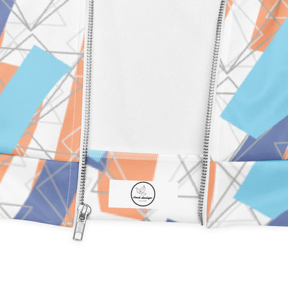 Good Wishes 365 bomber jacket featuring a modern abstract print in orange, sky blue, and periwinkle with zipper detail.