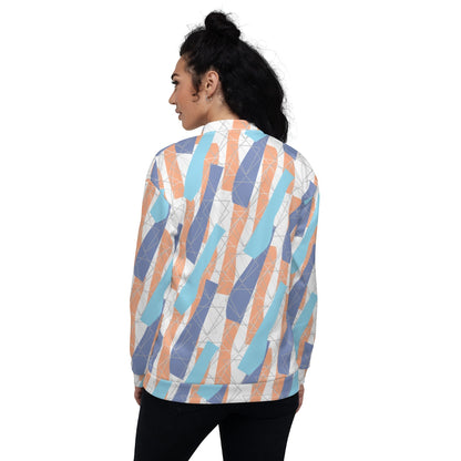 Good Wishes 365 unisex bomber jacket with abstract orange, blue, and periwinkle geometric print, back view.