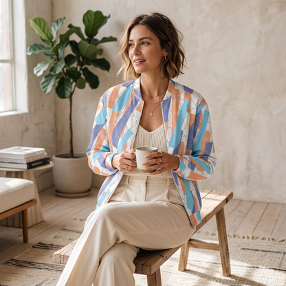 Good Wishes 365 unisex bomber jacket with a vibrant blue and orange abstract print, worn by a woman holding a mug.