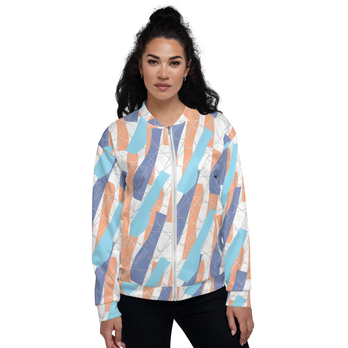 Good Wishes 365 unisex bomber jacket with abstract orange, sky blue, and periwinkle geometric print on a model