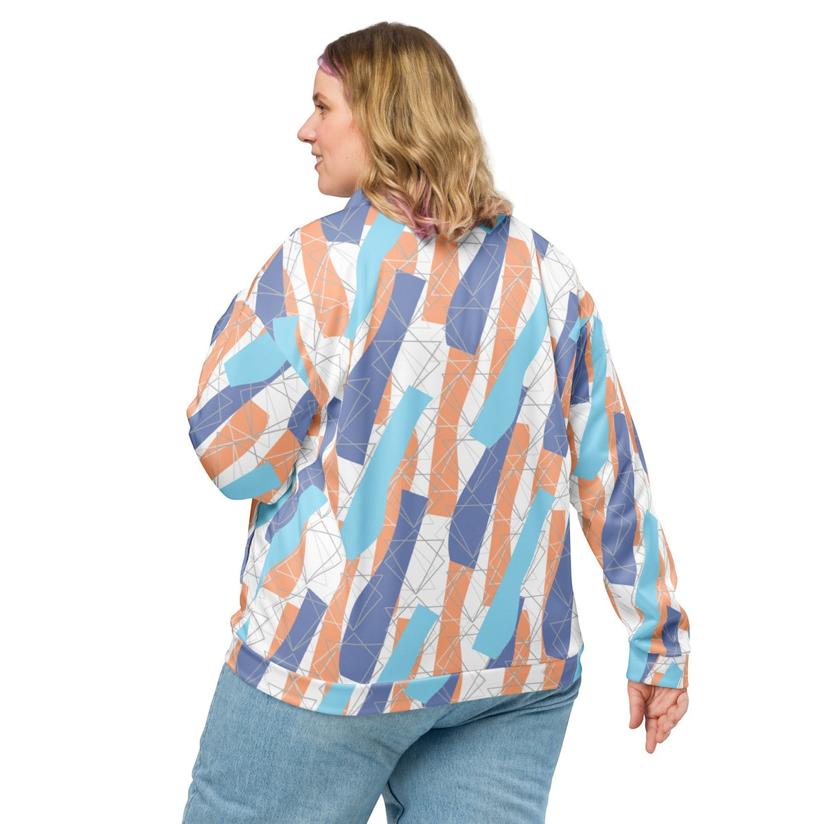 Good Wishes 365 unisex bomber jacket with abstract orange, blue, and periwinkle geometric print, back view