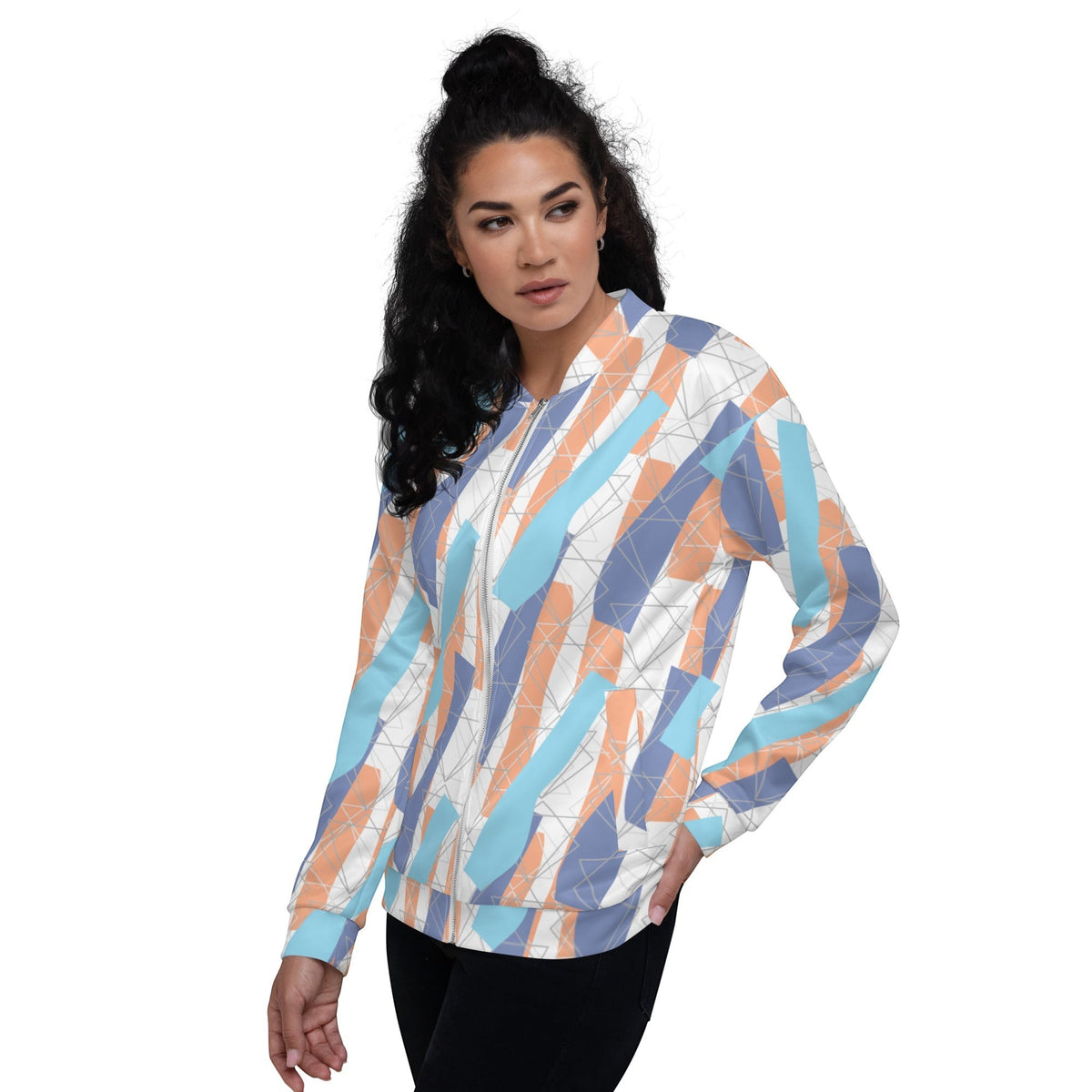 Good Wishes 365 unisex bomber jacket with abstract orange, sky blue, and periwinkle geometric print on a model
