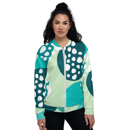 Good Wishes 365 unisex bomber jacket featuring an abstract Eastern Blue and mint green circular print on a model