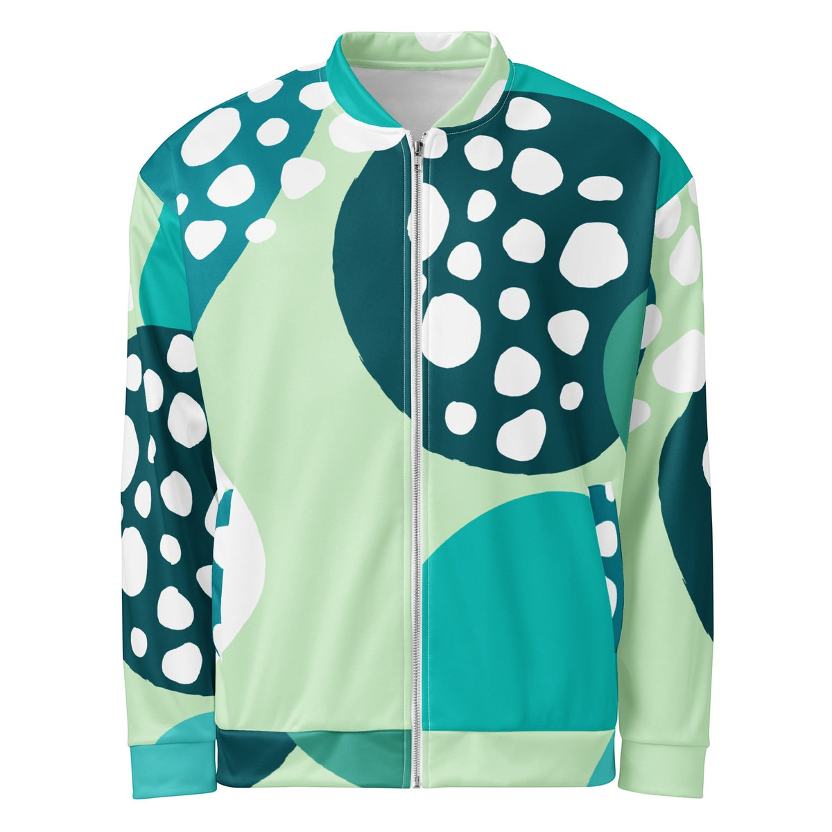 Good Wishes 365 unisex bomber jacket featuring an all-over abstract print in Eastern Blue and mint green circles.