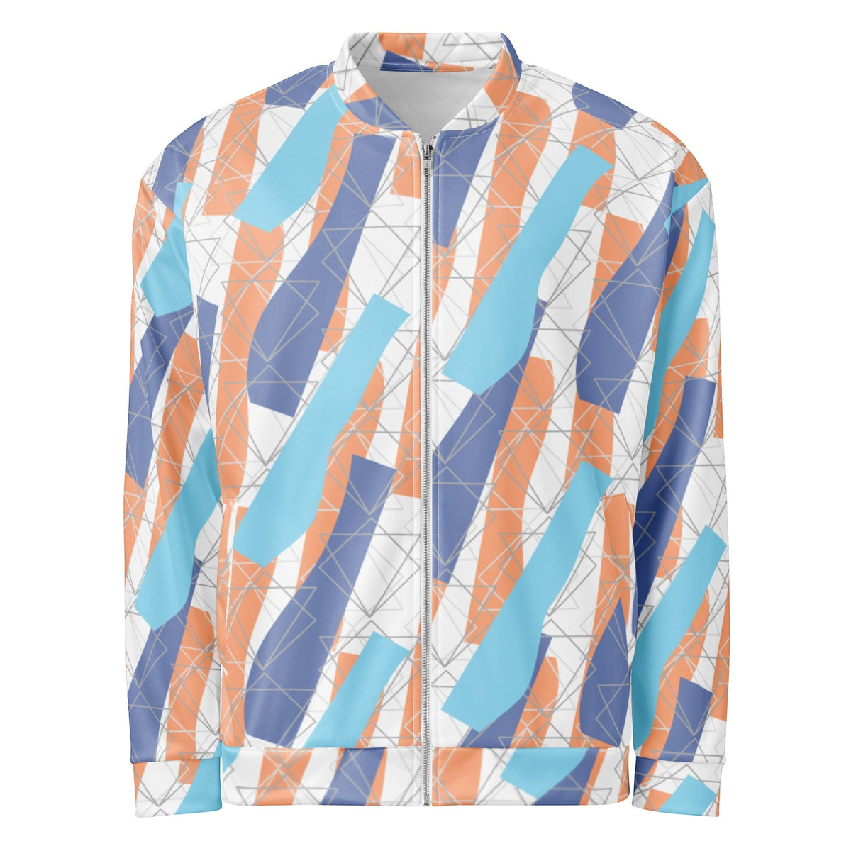 Good Wishes 365 unisex bomber jacket featuring an abstract geometric print in soft orange, sky blue, and periwinkle.