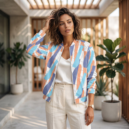 Good Wishes 365 unisex bomber jacket with a vibrant abstract print, featuring a silver zipper and brushed fleece lining.