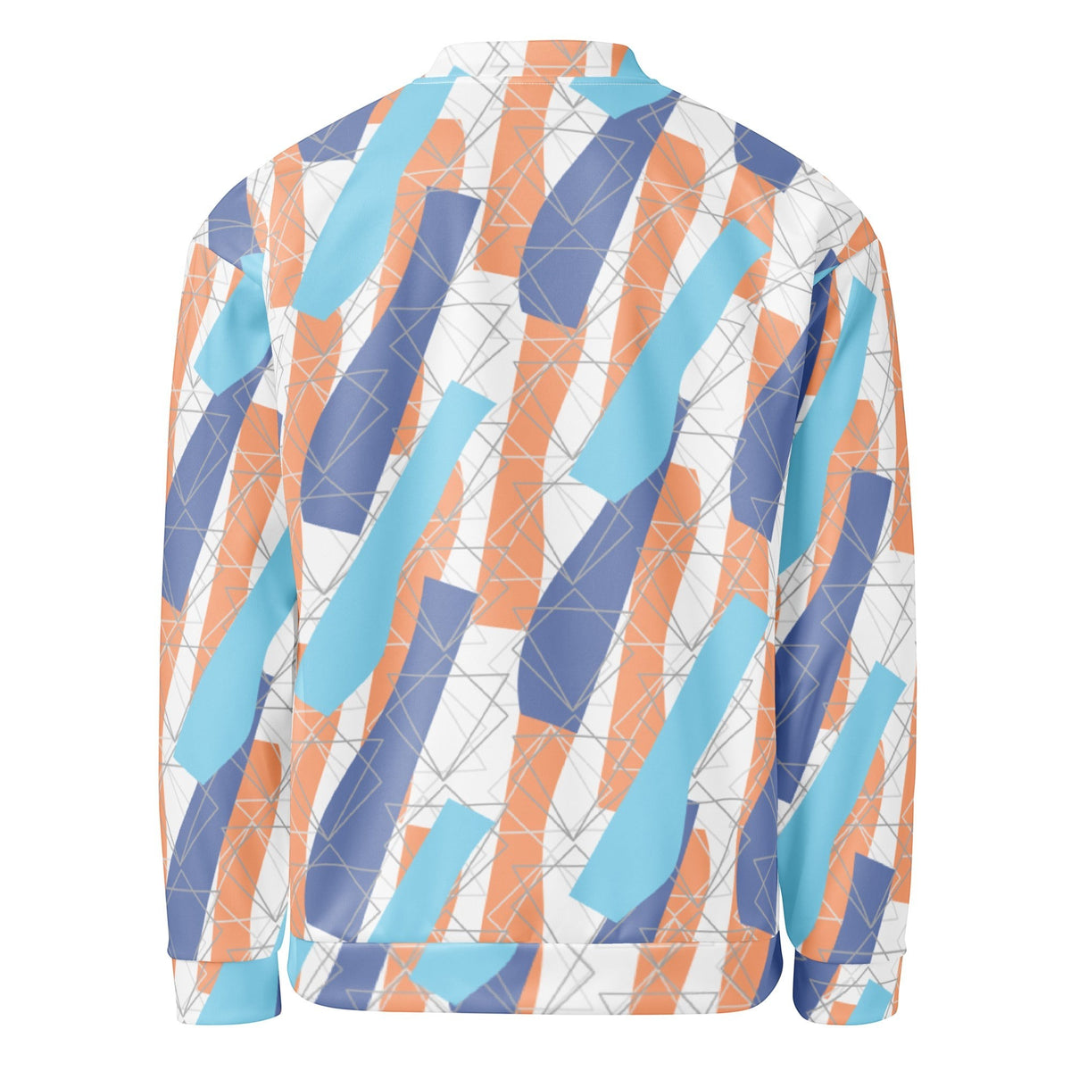 Good Wishes 365 unisex bomber jacket featuring an abstract geometric print in soft orange, sky blue, and periwinkle.