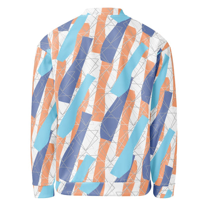 Good Wishes 365 unisex bomber jacket featuring an abstract geometric print in soft orange, sky blue, and periwinkle.