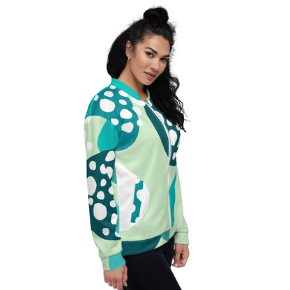 Good Wishes 365 unisex bomber jacket featuring an Eastern Blue and mint green abstract circular print on a model.