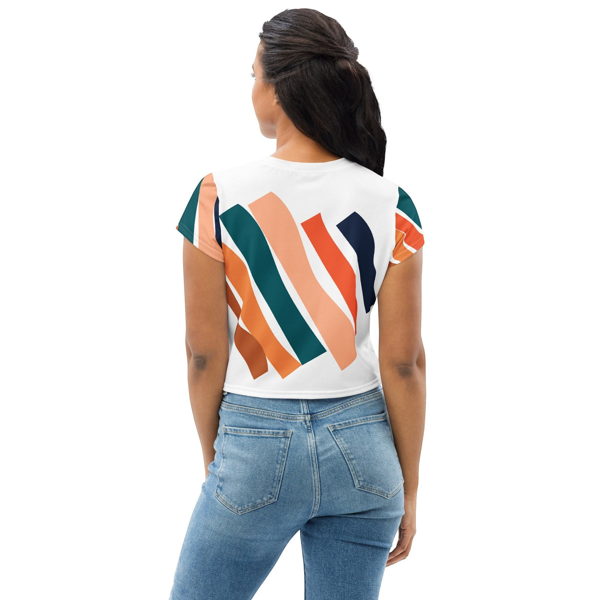 Good Wishes 365 women's crop top with abstract teal, orange, and peach brushstroke print on white, back view.