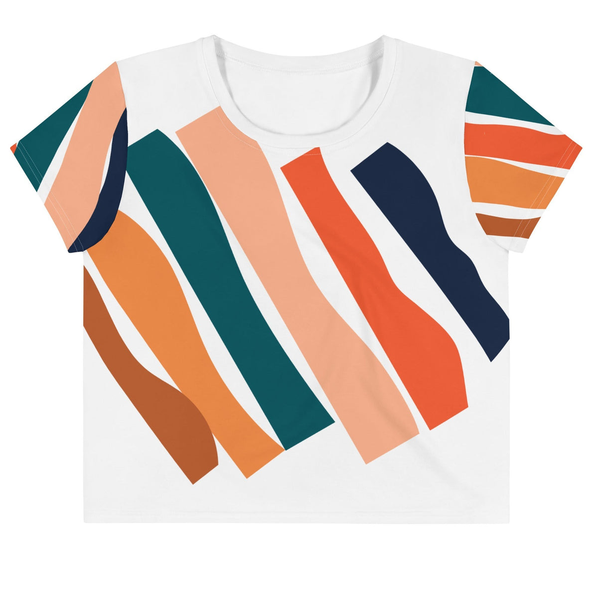 Good Wishes 365 women's crop top with a white background and abstract geometric brushstroke print in teal and orange.