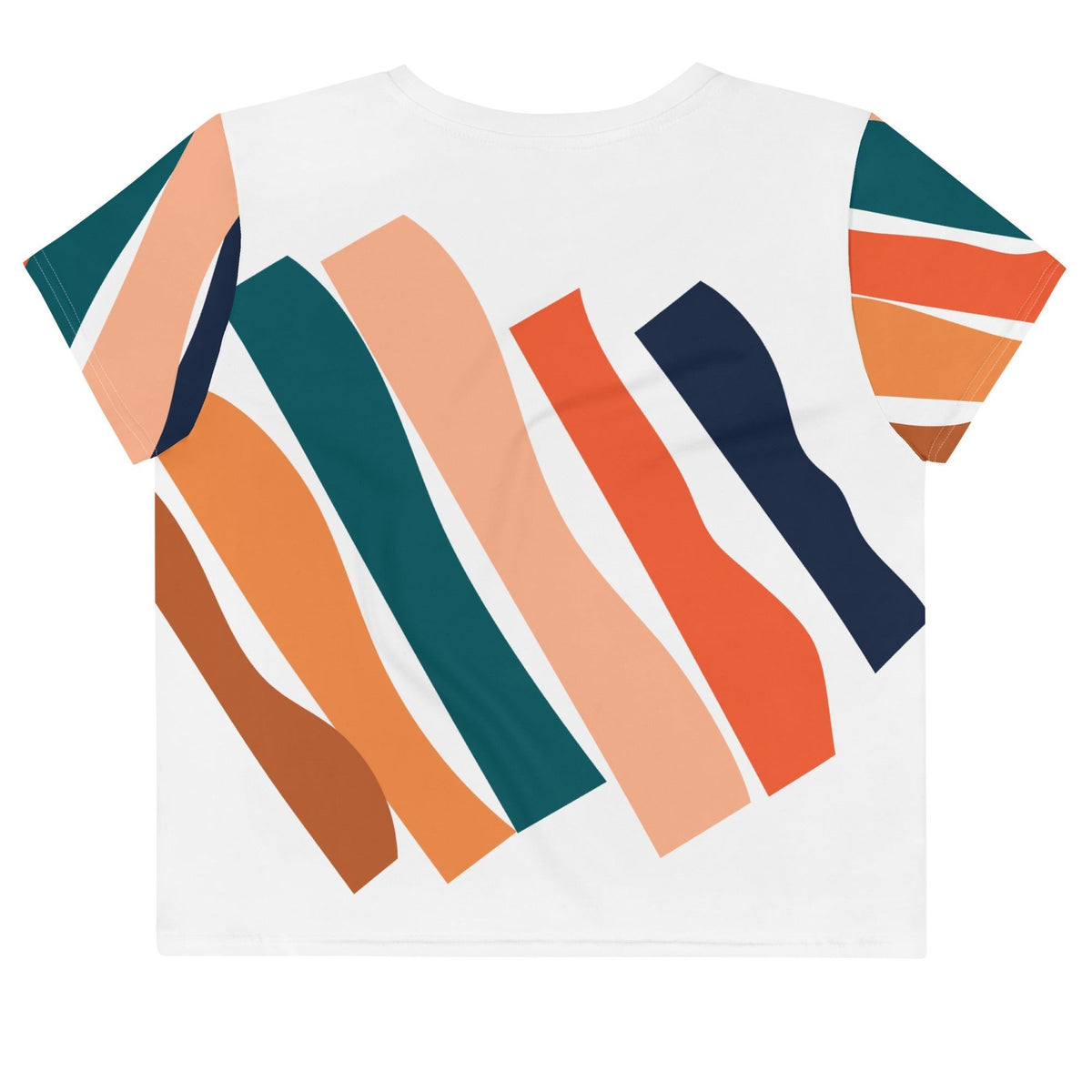 Good Wishes 365 women's crop top with abstract geometric brushstroke print in teal, orange, and peach on white.