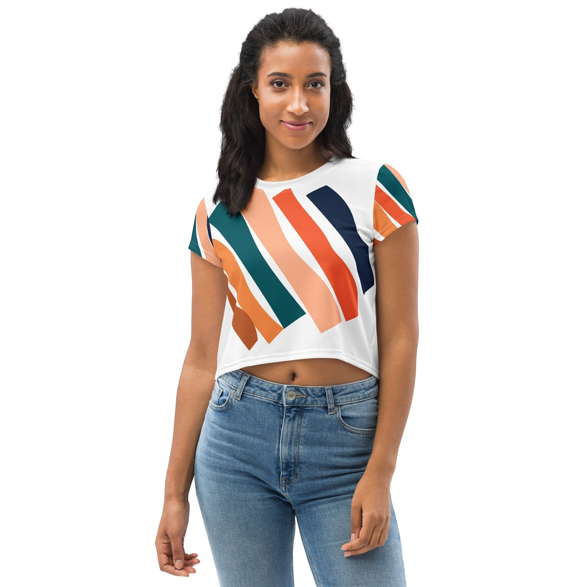 Good Wishes 365 women's crop top with a white base and abstract teal, orange, and peach geometric brushstroke print.