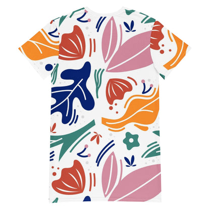 Good Wishes 365 oversized t-shirt dress featuring a colorful abstract floral print on a white background, back view.