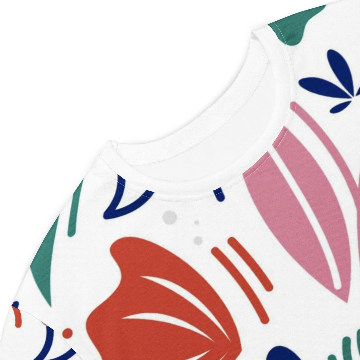 Good Wishes 365 abstract floral t-shirt dress with a white base, featuring colorful organic shapes and patterns.