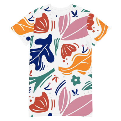 Good Wishes 365 oversized t-shirt dress featuring a vibrant white base with colorful abstract floral print.
