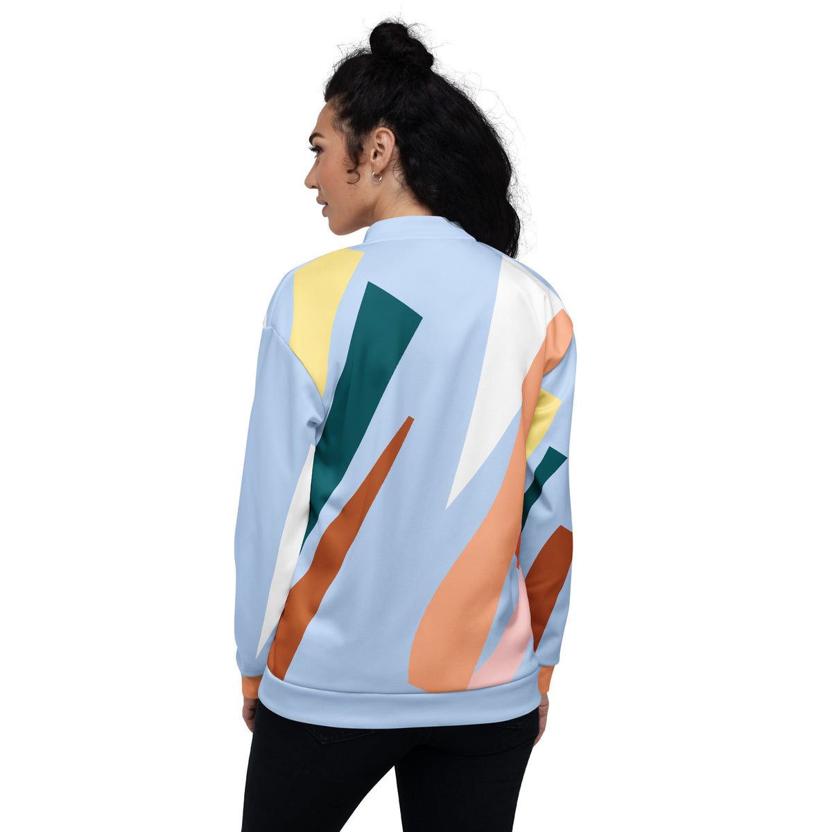 Good Wishes 365 women's bomber jacket with pastel blue and earth tone abstract geometric print, back view