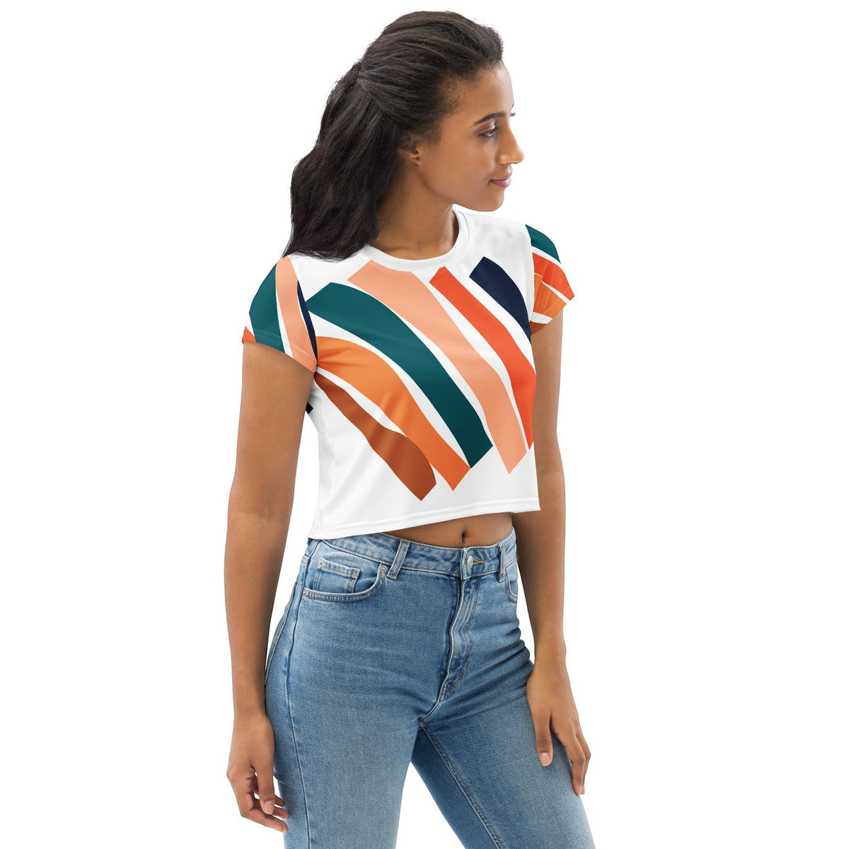 Good Wishes 365 women's crop top with abstract teal, orange, and peach brushstroke print on a white background