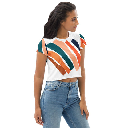 Good Wishes 365 women's crop top with abstract teal, orange, and peach brushstroke print on a white background