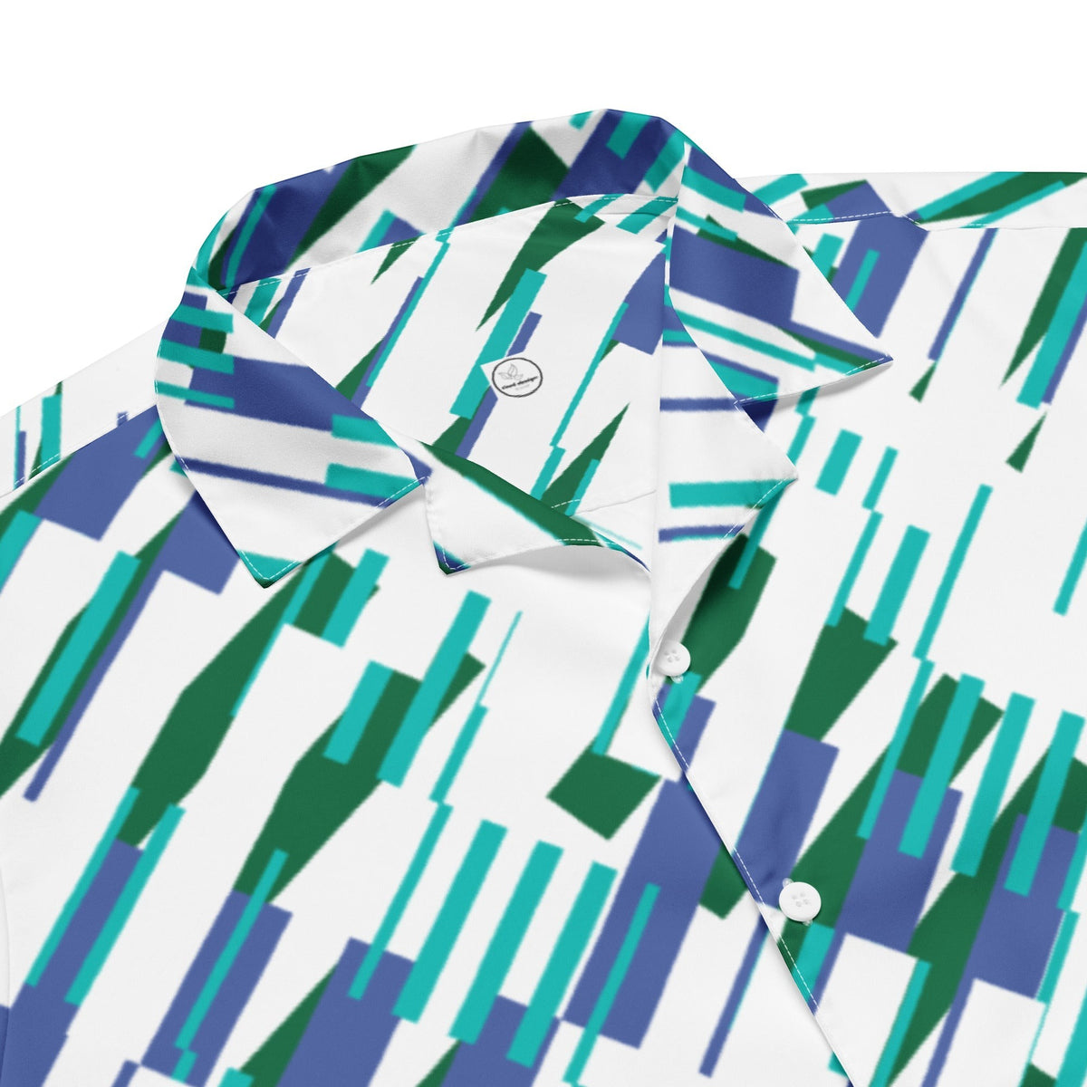 Good Wishes 365 Men's blue, green, and white abstract print short sleeve button-up shirt made of recycled polyester.