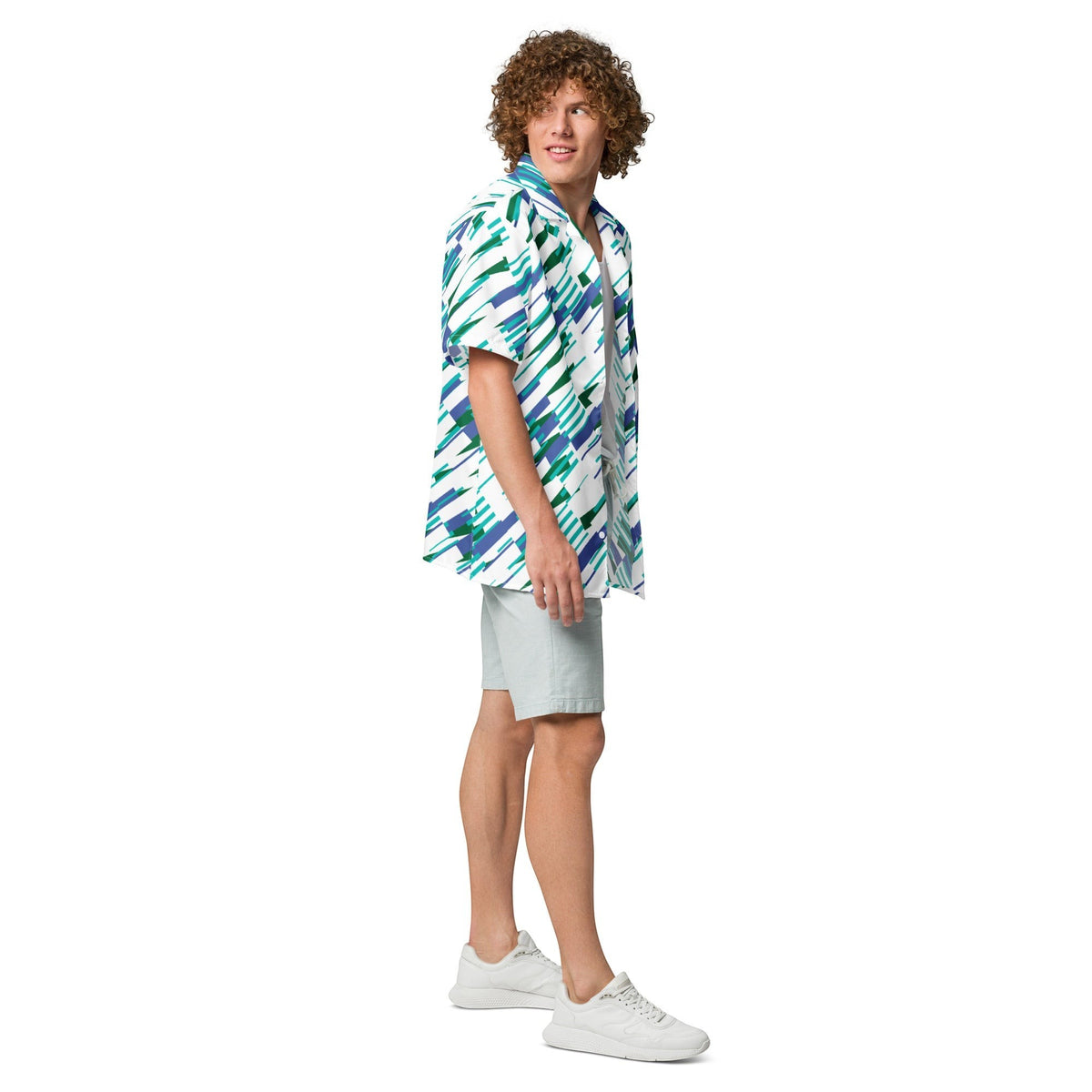 Good Wishes 365 Men’s oversized short sleeve button shirt with blue and green abstract print, made from recycled polyester.