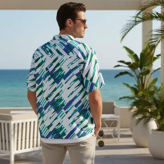 Good Wishes 365 Men's short sleeve button-up shirt with abstract blue, green, and white print. Lightweight, moisture-wicking.