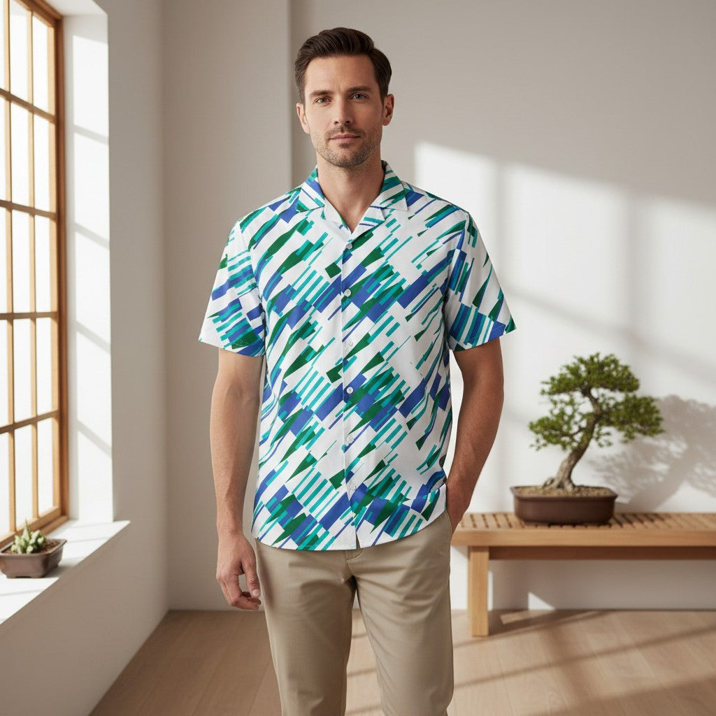 Good Wishes 365 Men's short sleeve button-up shirt with abstract blue, green, and white print. Lightweight, moisture-wicking.