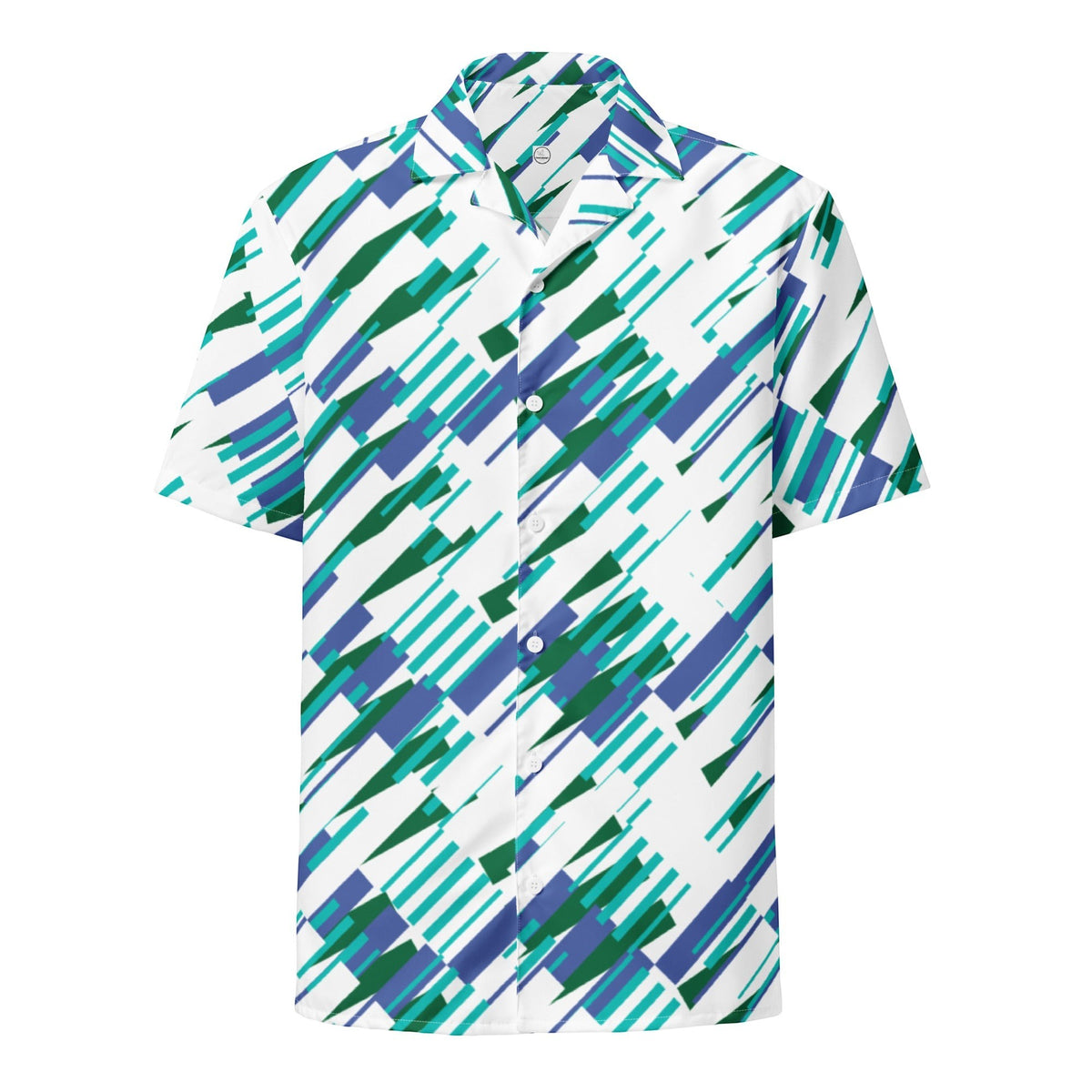 Good Wishes 365 Men's oversized short sleeve button-up shirt with abstract blue, green, and white print. Made from recycled polyester.