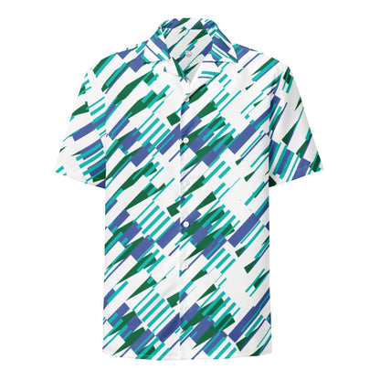 Good Wishes 365 Men's oversized short sleeve button-up shirt with abstract blue, green, and white print. Made from recycled polyester.