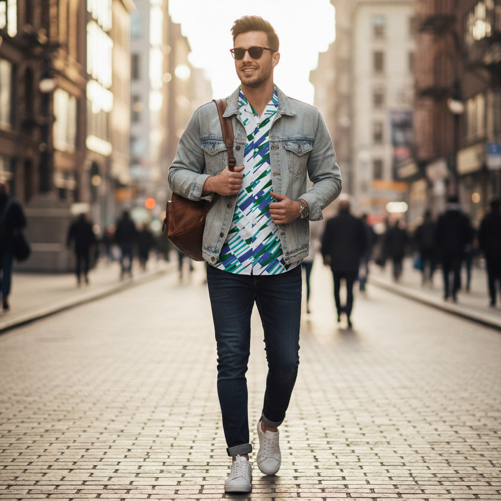 Good Wishes 365 Men's white short sleeve button shirt with abstract blue and green print. Made from recycled polyester.